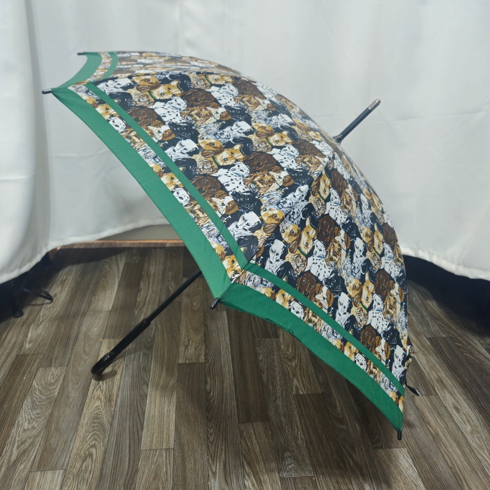 Vintage Style Dog Breed Print Stick Umbrella Green Border Large Canopy J-Handle